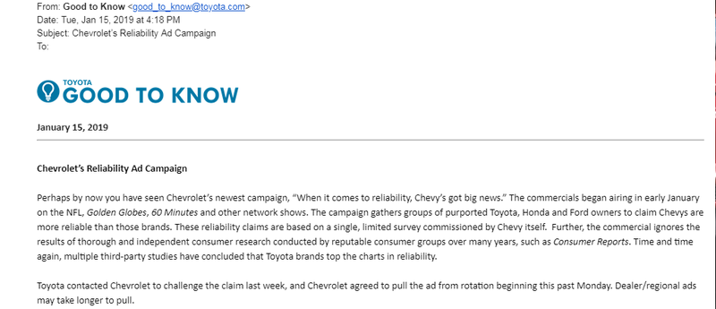 Illustration for article titled Chevrolet Pulls 'Most Reliable' Ad After Being Challenged By Toyota